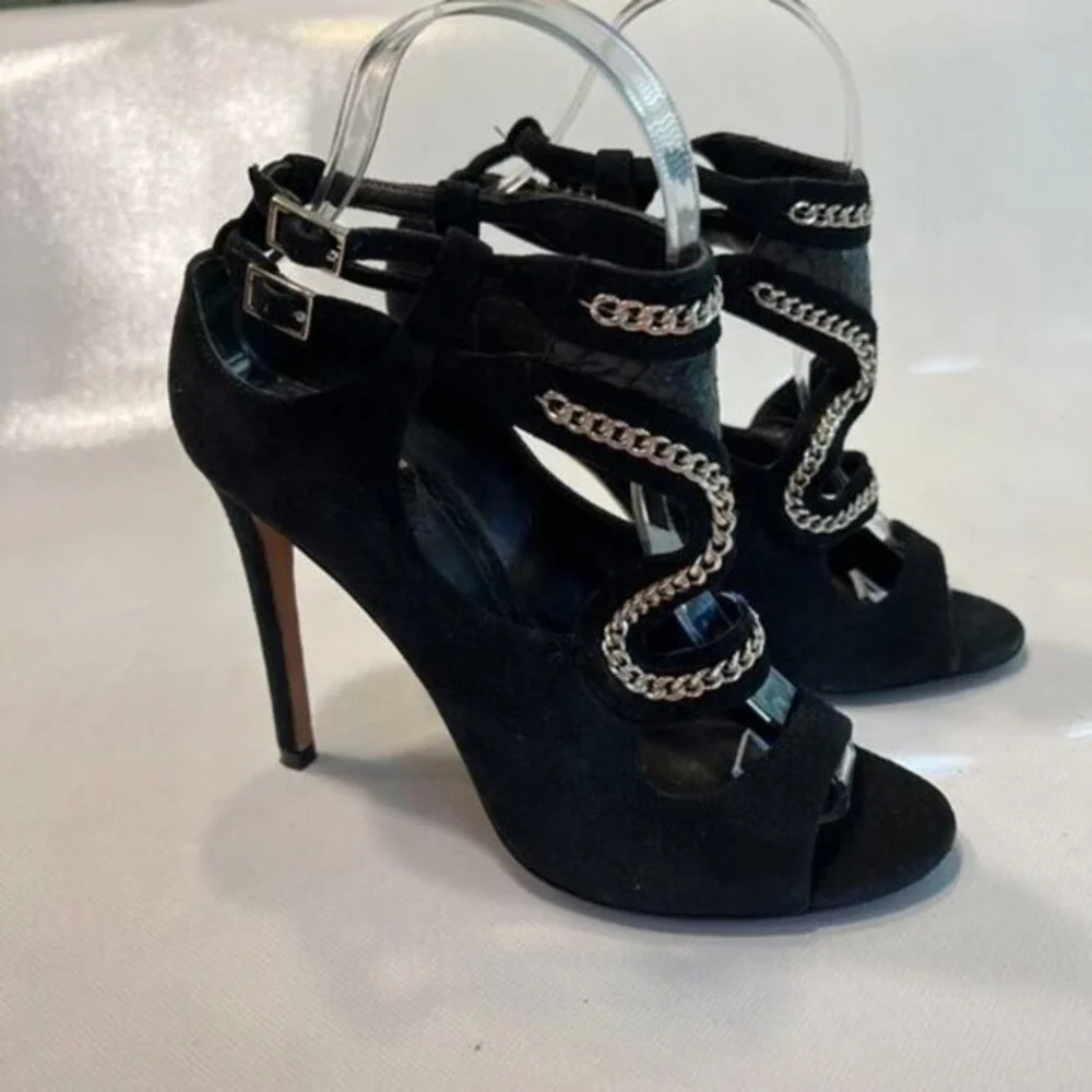 Brian Atwood Chain Link Suede Cage Sandals Womens 8 Black Excellent Stiletto
